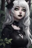 Placeholder: CAT GIRL, goth, forest, nature, cartoon, leaves, half black half white hair, boobs, portrait