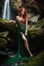 Placeholder: Close UP, delicate, cute, soft, skinny belly red haired Young lady, Green eyes , cave waterfall, medieval