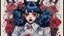 Placeholder: Poster in two gradually, a one side wears a smart shirt which is embroidered with bluered flowers and ornaments, has dark eyes and horns,malevolent goth vampire girl face and other side the Singer Melanie Martinez face, full body, painting by Yoji Shinkawa, darkblue and sepia tones,