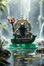 Placeholder: action figure of a glossed an transparent chained and crucified electric racoon necromancer on round swamp transparent glass boat eye wheel throne in a charged foggy jungle starry waterfall, blur background to make character pop out