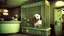 Placeholder: shoddy motel front desk with crying puppies in cages all over the lobby