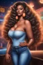 Placeholder: create an airbrush illustration of a curvy black female wearing Tight blue jeans and a peach off the shoulder blouse. Prominent make up with long lashes and hazel eyes. She is wearing brown feather earrings. Highly detailed long black shiny wavy hair that's flowing to the side. Background of a night club.