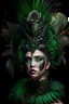 Placeholder: Beautiful woman portrait adorned with Rooster feather , textured detailed feathers adorned with baroque style green and black pearls, diamond headdress, florals, organic bio spinal ribbed detail of detailed creative 3d baroque style light floral background extremely detailed hyperrealistic maximálist concept art