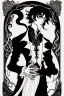 Placeholder: black haired young man necromancer wizard with gothic jewelry and tentacle fingers in the style of Aubrey Beardsley