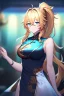 Placeholder: girl, masterpiece, best quality, cinematic lighting, detailed outfit, vibrant colors, perfect eyes, blue eyes, long hair, golden hair, messy hair, hair between eyes, depth of field, ray tracing, chinese clothes, ponytail,