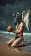Placeholder: Charon on his knees on the shore holding coconut wearing crying angel zebra holding his head