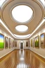 Placeholder: 3D-shot A hall for displaying art paintings in the shape of an oval, and there will be an oval wall in the hall, and the paintings will be hung on the walls