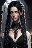 Placeholder: Young beautiful female Hexblood character . Bright glowing pale eyes. Long, thick, silky jet-black hair reaching her waist, with a center part and two loose Dutch braids starting at her temples, flowing into the rest of her straight hair. A few soft strands frame her face. Thin dark vine-like markings spread across neck and collarbone as a sign of an ancient curse. Dark fantasy, realistic, cinematic, highly detailed.