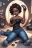 Placeholder: Create a futurism magna art of a black chibi curvy female sitting on the floor looking at herself in a hand mirror. She is wearing tight blue jeans and a black off the shoulder blouse. Prominent make up with lush lashes. Highly detailed long wavy hair. She is also wearing silver large hoop earringsart of a black chibi curvy female sitting on the floor looking at her cell phone. She is wearing tight blue jeans and a black off the shoulder blouse. Prominent make up with lush lashes.