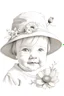 Placeholder: Draw a pencil sketch with white background of a charming baby wearing a flower hat on his head