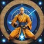 Placeholder: (in the style of Orion, by Masamune Shirow) a Shaolin monk casting a magic spell in the middle of a pentacle, magic is in the air