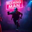 Placeholder: An "RUNNING MAN" performing at dance club, his name is "RUNNING MAN" and looks crazy, looks very aggressive look, Neon lights and smog, "RUNNING MAN" SIGN ON WALL