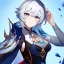 Placeholder: Genshin woman, Clear Focus High resolution, Calm Background, Light skinned woman, Black short beatiful hair, Dark blue sparkling eyes, Very Beatiful Face, Splash art, Streak of red in hair