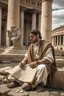 Placeholder: A Roman citizen of the third century, a 30-35-year-old man with kind eyes and a slight smile in poor clothes with a cross around his neck, sits on stones and writes on a papyrus scroll. He is sitting against the background of the ruins of Rome, against the background of the temple of Athena. High-quality 8K image in watercolor technique