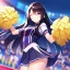 Placeholder: Clear focus,High resolution,High quality, Cheerleader, Smiling, Eyes closed, Black long hair flowing with the wind, Purple eyes