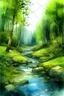 Placeholder: view of a Forrest stream backgound, cartoon, water-color, illustration, low detailed --style raw