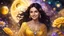 Placeholder: a beautiful dark haired girl with brown eyes, wearing a yellow dress, surrounded by celestial bodies, stones and jewels. magic environment with light, nebulas and many colored flowers. Warm smile on her face