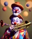 Placeholder: happy and funny old friendly clown with round head and trimmed beard playing jazz with a steampunk theme, trumpet on mouth, carnival, dreamy