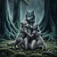 Placeholder: an anthropomorphic female wolf hibrid hugs with paws her two anthropomorphic wolf-kid hibrid child on field, in background tall trees wirh big trunks, rain, down on blue-green moss, hug each other , rainy day, high contrast, high detalied, atmospheric, fantasy, sci-fi mood