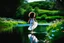 Placeholder: shot from front ,green field and wild flower field ,beautiful girl in pretty dress curly hair walking in water toward camera in trees next to wavy river with clear water and nice sands in floor.camera capture from her full body front, spring blosom walking to camera ,camera captures her upper body ,wild flowers moving in the wind ,blue sky,moving pretty clouds ,joy full facet.