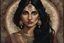 Placeholder: Painting of a beautiful Indian woman with black hair, big bright almond-shaped eyes, dark and moody quality, fantasy art, digital art, delicate lines and textures, realistic and dreamy art, art with imaginative motifs, painting ink, acrylic , depressive art, vintage, fairy tale, patchwork, storybook detailed illustration, high angle, dynamic poses, magical substances, fantastic landscapes, surrealism, cinematic, strong shadows, vivid colors, rich colors, light and shadow, dystopian setting