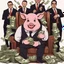 Placeholder: rich pig in suit on a throne making stacks of money by making a deal with a buisnessman. background of musicians
