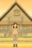 Placeholder: wood house, girl stand front of house