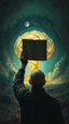 Placeholder: Bosch painting style nightmare, a man holding a book up toward a nuclear explosion in the background, rear view , dramatic sad scene, fantasy, scary.