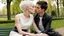 Placeholder: close up photo from the back from a (25 year old human android woman, short white hair, white albino skin) kissing with ((dark hair young man)), sitting on the bench, detalied, sharp focus, realistic, full body, bench, in the blur background a green park