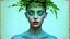 Placeholder: old retro photograph, light vignette, faded, worn and cracked, double exposure, surrealism, female humanoid from another world, red lips, half body, greenish blue pale transparent glowing skin, bald head, plants growing out of head, tattoo on head, alien transparent eyes, double exposure, hyperdetail, double exposure, Anna Razumovskaya, Anna Dittmann, Luis Royo, Neo-impressionism, expressionism, oil painting. Bold, detailed and textured brushstrokes reminiscent of Royo and Peter Coulson. Deep co