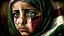 Placeholder: A girl wearing a Palestinian dress with tears in her eyes Her eye color is green Its color is brown Carrying the Palestinian flag