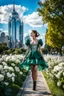 Placeholder: fullbody girl makeup wearing a dark green-silver victorian short dress walking in moder city of 2040 park ,flowers ,pretty clouds in blue sky,city escape.