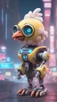 Placeholder: CHICKEN robot made of cotton candy, sci-fi, cyberpunk, full body, ultra realistic, virtual reality, cyberpunk city and colors