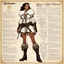 Placeholder: character concept sheet with AD&D statistics and characteristics, [illustration by Norman Rockwell for dungeons and dragons module B3] The mistress of 7th Heaven character class, wearing a white lace-up top, armored shoulders, hips hugged by fur-trimmed shorts. Leather belts laden with pouches and a sheathed dagger and thigh-high boots with fur cuffs promised both dominance and submission.