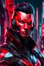 Placeholder: Retrato dibujo de contorno de Dragman, negro y rojo con traje cyberpunk, antifaz de dragón fondo ciudad