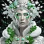 Placeholder: Beautiful silver and. Light blue, gradient green Leaves winter queen portrait, adorned with textured snow flakes, snowy greem mistletoe and pine leaves rococo style headdress wearing organic bio spinal ribbed detail of bioluminescence botanical rococo style costume, white camelia floral baclground, Golden dust and snowflake extremely detailed, textured hyperrealistic maximálist concept art,, shot with Sony Alpha a9 Il and Sony FE 200-600mm f/5.6-6.3 G OSS lens, natural light, hyper realistic pho
