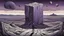 Placeholder: a nonbinary human figure stands inner an giant block of stone consisting of several layers outside around weird landscape with city in the distance, sharp lines, fade pale eyes, fade human figures in city, dark purple, gray, black, white, brown. Whimsical style and surreal vibe, lonely with absurd broken land, neuron network background, surreal nightmare vibe