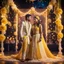 Placeholder: Hyper Realistic Beautiful Traditional Indian Wedding Couple on Stage decorated with different Yellow & White flowers & neon wedding lights at Night