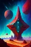 Placeholder: Towering starship fortress in red desert landscape with blue and green mineral rocks nebula starry sky painterly rpg art