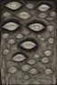 Placeholder: Liminal Dreamscape nightmares of disembodied eyes and mouths; Primitive Art; Ink Wash; Black With Iridescent Pastels