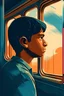 Placeholder: Vector. Illustration. young Indian boy looking out from train windows thinking. contemplate. I’m looking at the boy from outside the train. 1980s. Minimal. 2D animated. Digital painting, Ol. high resolution.