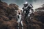 Placeholder: Wide angle photo of a slim sci-fi woman with blond hair, wearing a silver and black futuristic spacesuit looking android-like, standing on a derelict alien cloud tree jungle planet