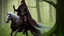 Placeholder: Dark robed wizard on a horse in the forest