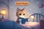 Placeholder: sign "Good Night" cute chibi cat reading in the bedroom in tiffany lamplight