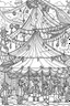 Placeholder: Coloring book page:: Circus: A whimsical illustration of a circus tent with acrobats, clowns, and a ringmaster:: high detail adult coloring book page thin black lines white background, 1 bit line art coloring book, only draw outlines, crisp, thick outlines, use up the entire screen, outline art, storybook illustration –no noise, book, logo, page, letters, words, markers, grayscale, –no black background –ar 3:4 –v 4