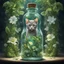 Placeholder: a lttle cat symmetrically centered, secures itself within a transparent glass bottle,contrasting with the wealth of verdant flora encasing it. teems within the confines, leaves, stems, and petals vie for space, an intricate greenery around the elefant. The glass bottle itself, clear captures the spectacle with a kind of crystalline magnification effect art by greg rutkowski, sarah kay and mark keathly