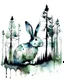 Placeholder: Watercolour effect, rabbit, forest abstract,roschCh ink blot test, white background, muted colour's.no black outline, no black colour