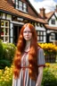 Placeholder: Full body and headshot of a slim young woman with long straight red hair, standing in front of a row of cottages and shops with thatched roofs