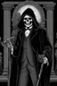 Placeholder: ultra high image quality, Grim Reaper, WEARING A 3 PIECE SUIT, POSED FOR DOLLAR BILL PORTRAIT, LINE TONE, WSJ STYLE, HEDCUT, Close-up of an set against AMOLED-worthy pure black backdrop, fantasy art style infused with filter, tailored for vertical wallpaper, exclusive design with no duplicates, radiating beauty suitable for a PC screen image, vivid colors, ultra fine, digital painting, BASED ON THE UNITED STATES TREASURY NOTE ONE DOLLAR BILL