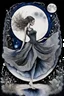 Placeholder: alcohol pen and ink stunning detalied surreal image where a dancer's dress transforms into a silver and moonlight capturing the elegance and etheraly of dance, the background is a cracked , ruined nightly garden with plants siluettes, and little fireflies, dark night, full shiny moon, stunning, masterpeace